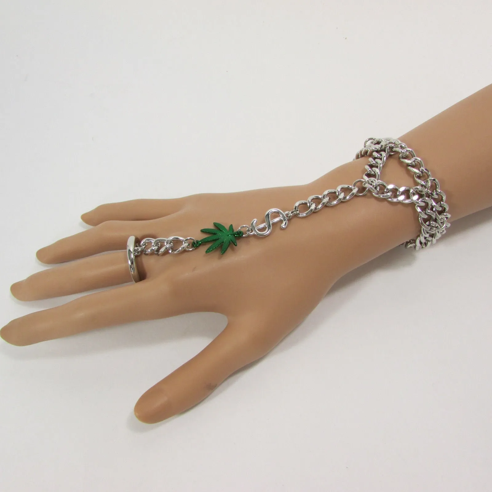 Gold Silver Black Metal Hand Chain Bracelet Connected Green Marihuana Leaves Women Trendy