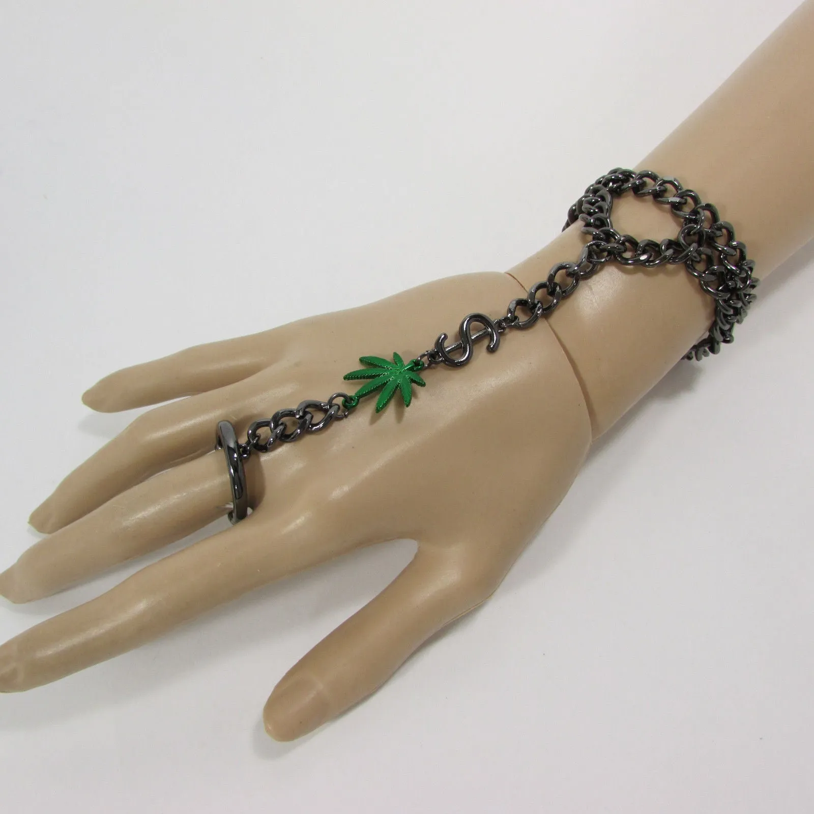 Gold Silver Black Metal Hand Chain Bracelet Connected Green Marihuana Leaves Women Trendy