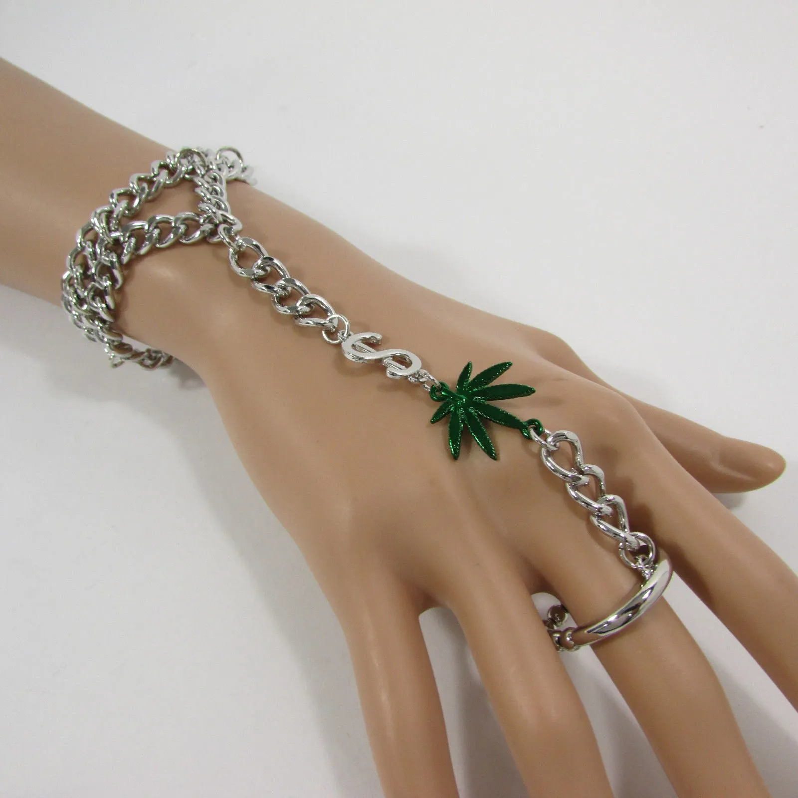 Gold Silver Black Metal Hand Chain Bracelet Connected Green Marihuana Leaves Women Trendy