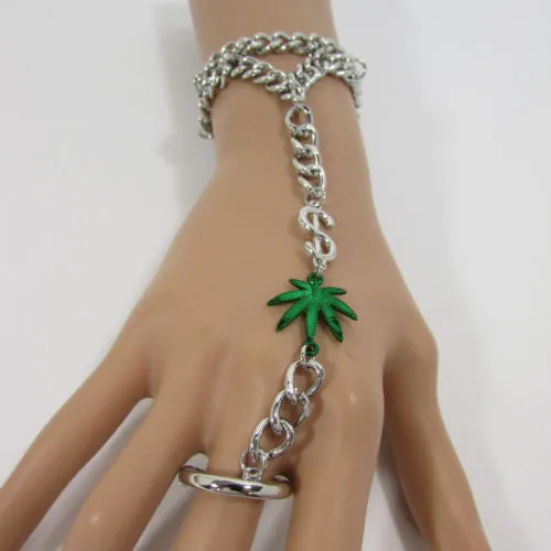 Gold Silver Black Metal Hand Chain Bracelet Connected Green Marihuana Leaves Women Trendy