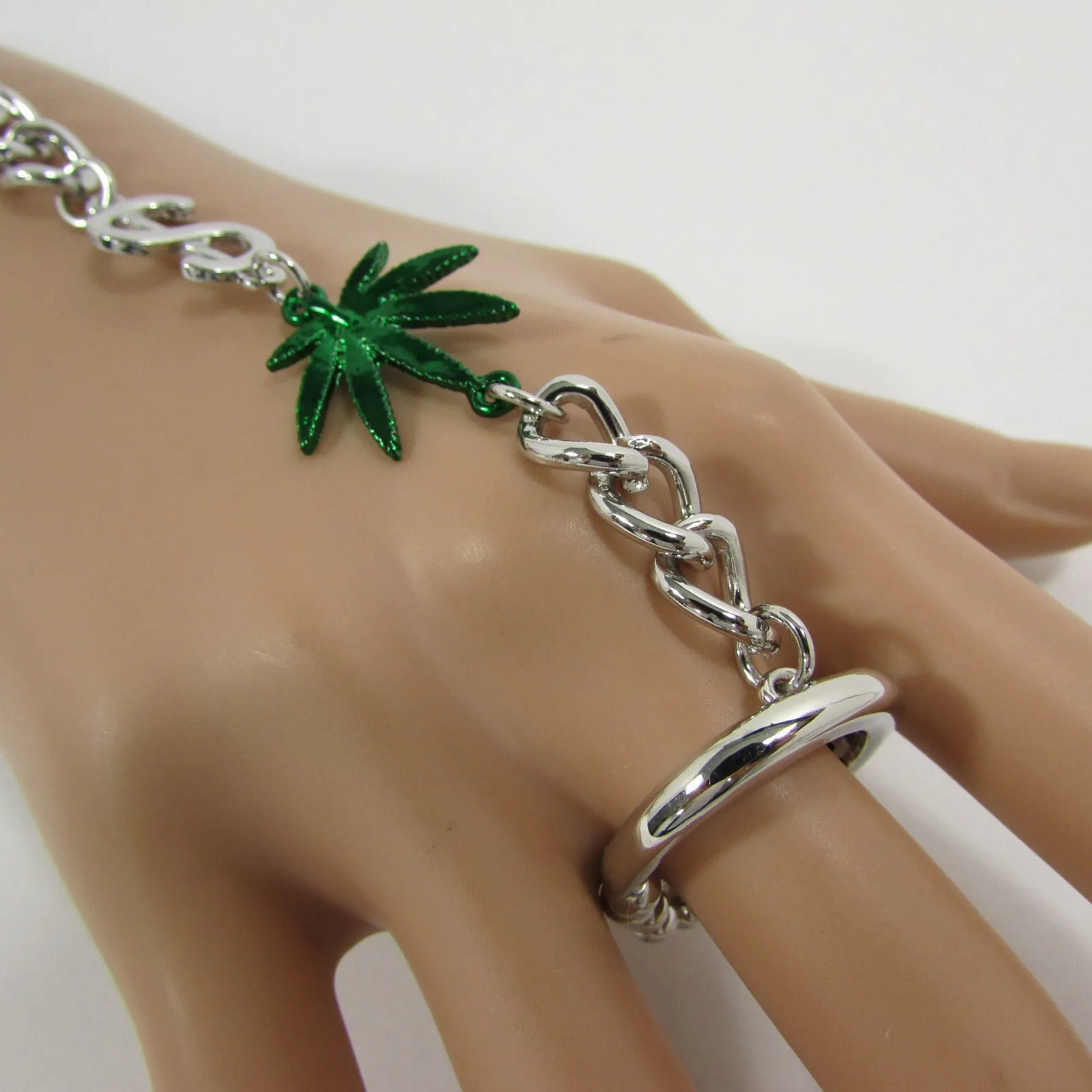 Gold Silver Black Metal Hand Chain Bracelet Connected Green Marihuana Leaves Women Trendy