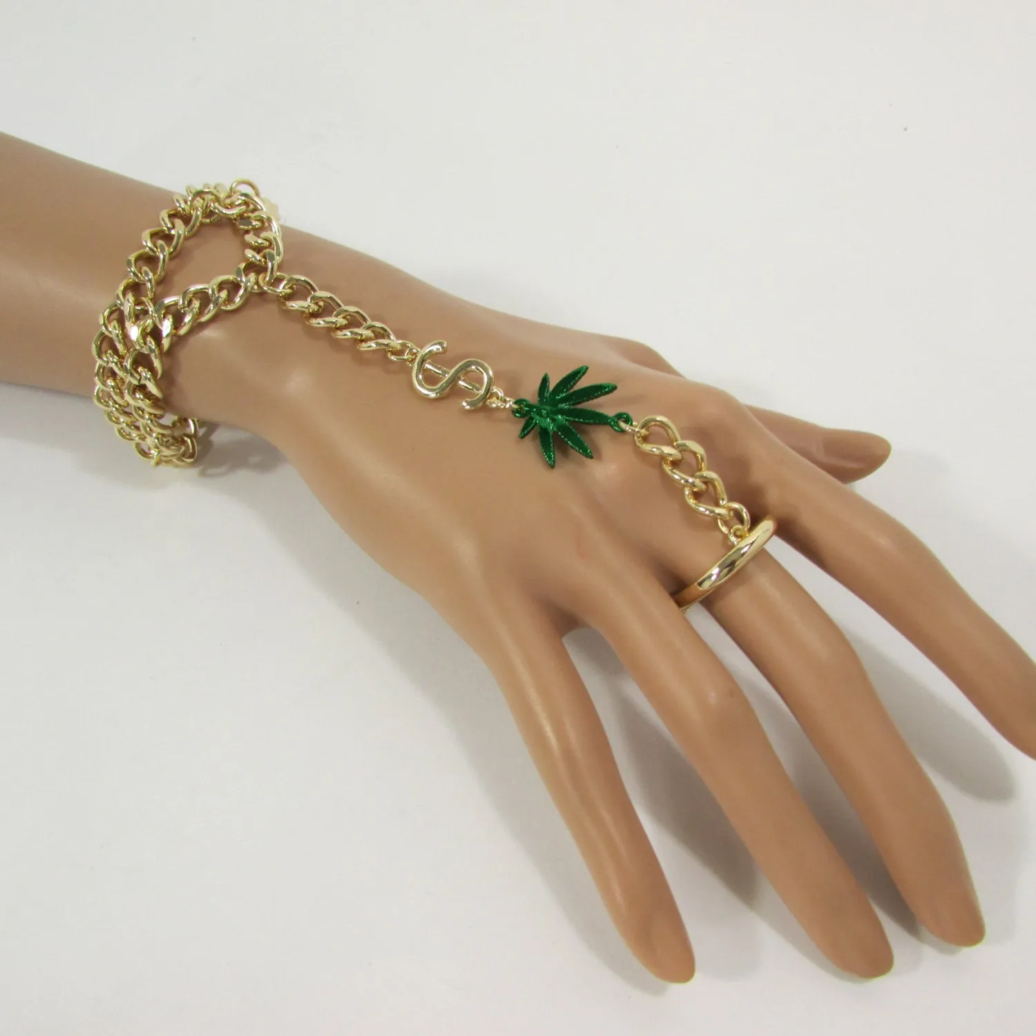 Gold Silver Black Metal Hand Chain Bracelet Connected Green Marihuana Leaves Women Trendy