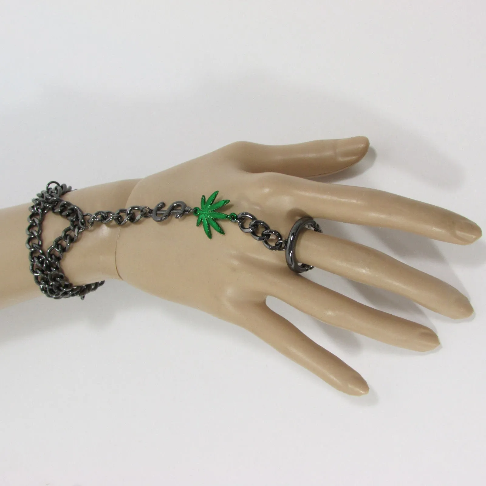 Gold Silver Black Metal Hand Chain Bracelet Connected Green Marihuana Leaves Women Trendy