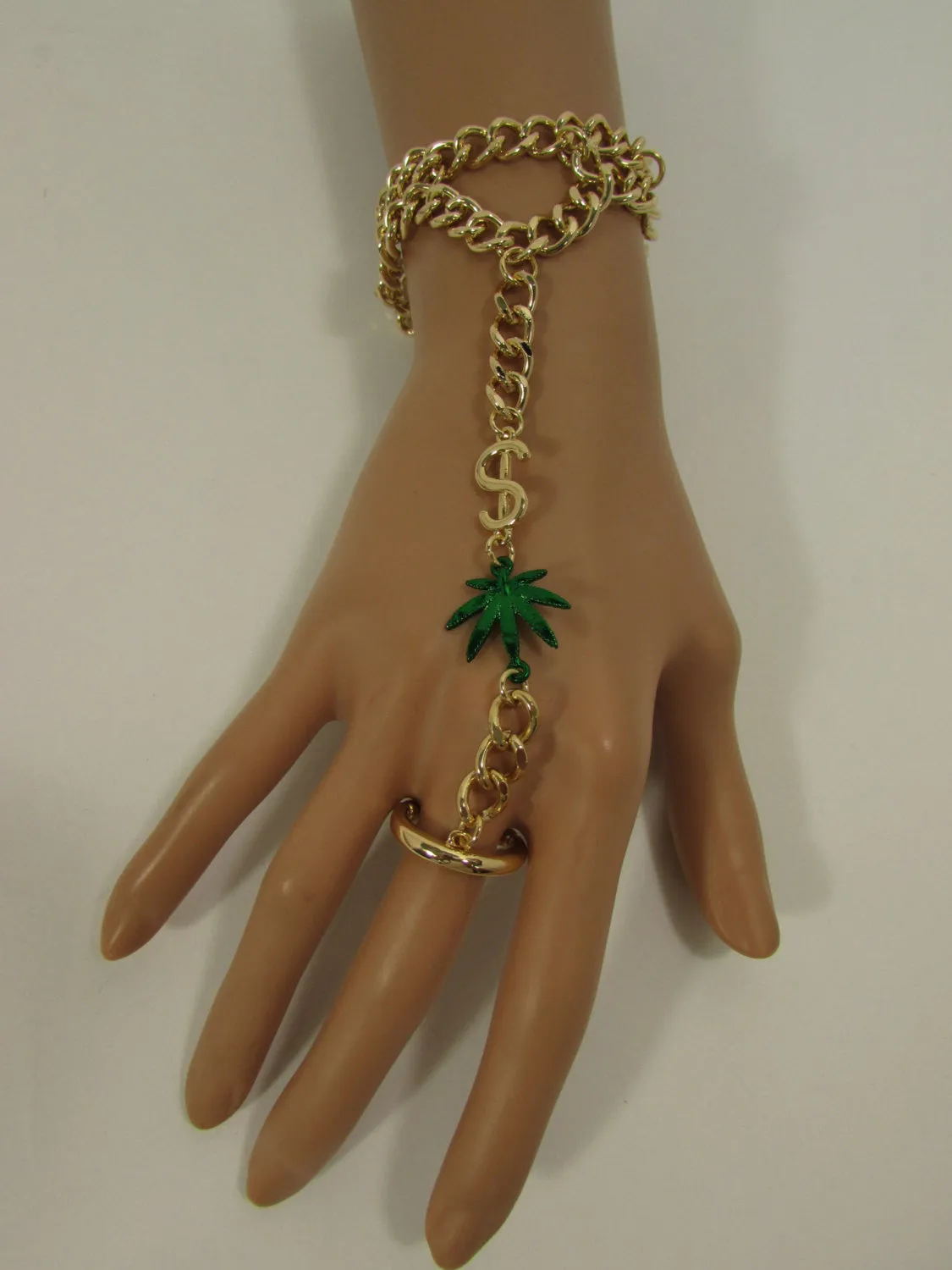 Gold Silver Black Metal Hand Chain Bracelet Connected Green Marihuana Leaves Women Trendy