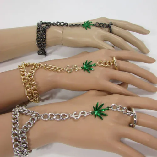 Gold Silver Black Metal Hand Chain Bracelet Connected Green Marihuana Leaves Women Trendy