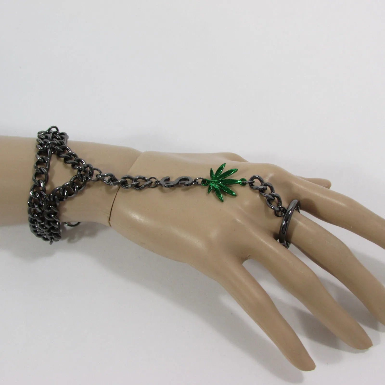 Gold Silver Black Metal Hand Chain Bracelet Connected Green Marihuana Leaves Women Trendy