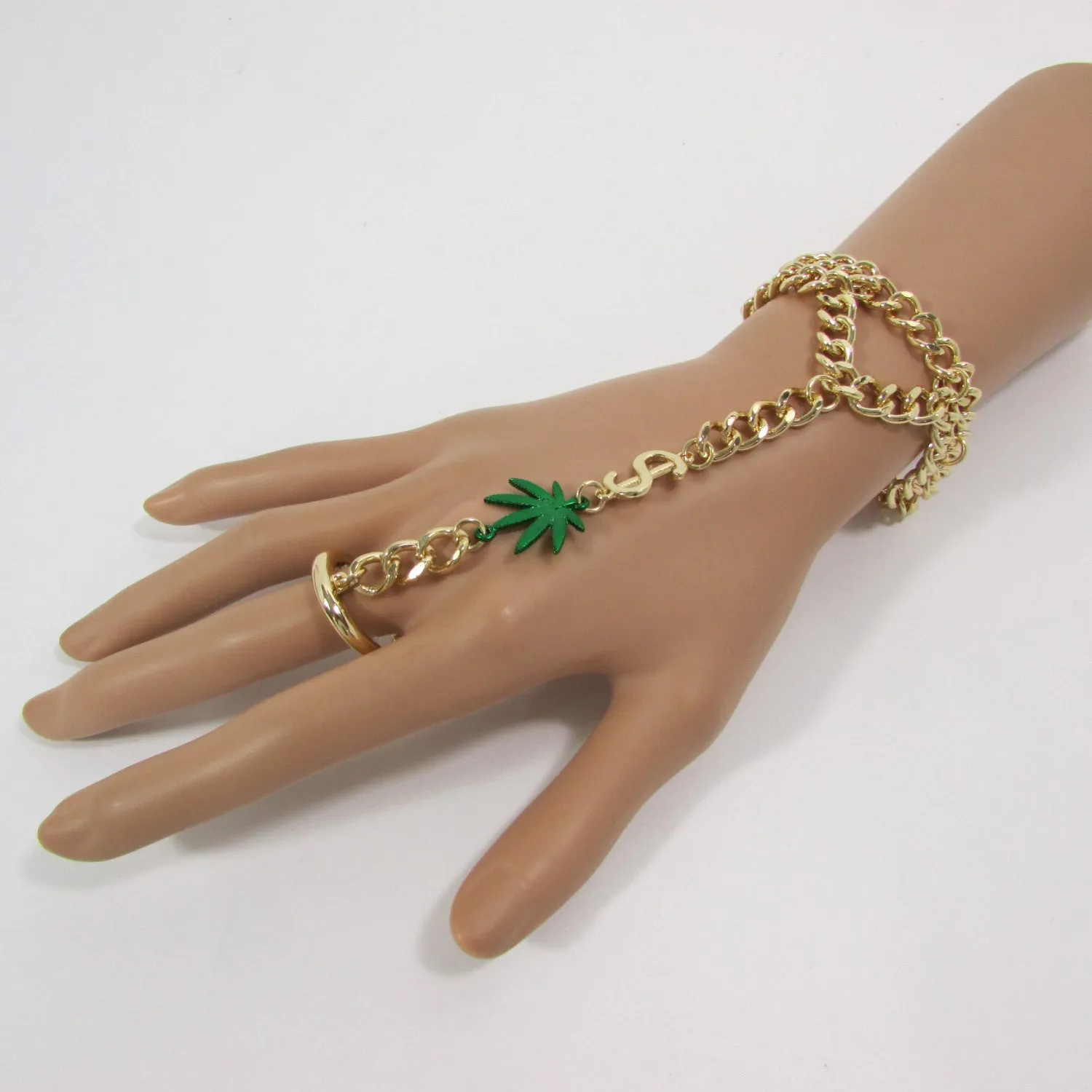 Gold Silver Black Metal Hand Chain Bracelet Connected Green Marihuana Leaves Women Trendy