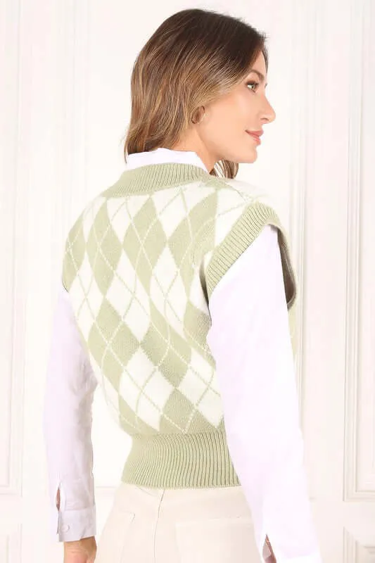 Green Knitted Argyle Sweater Vest