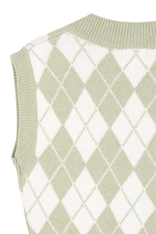 Green Knitted Argyle Sweater Vest