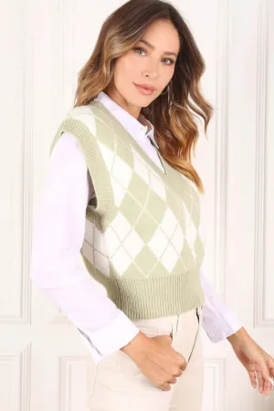 Green Knitted Argyle Sweater Vest