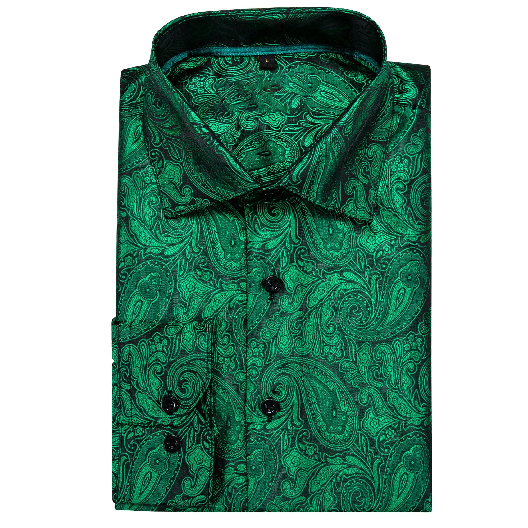 Green Paisley Style Silk Men's Long Sleeve Shirt