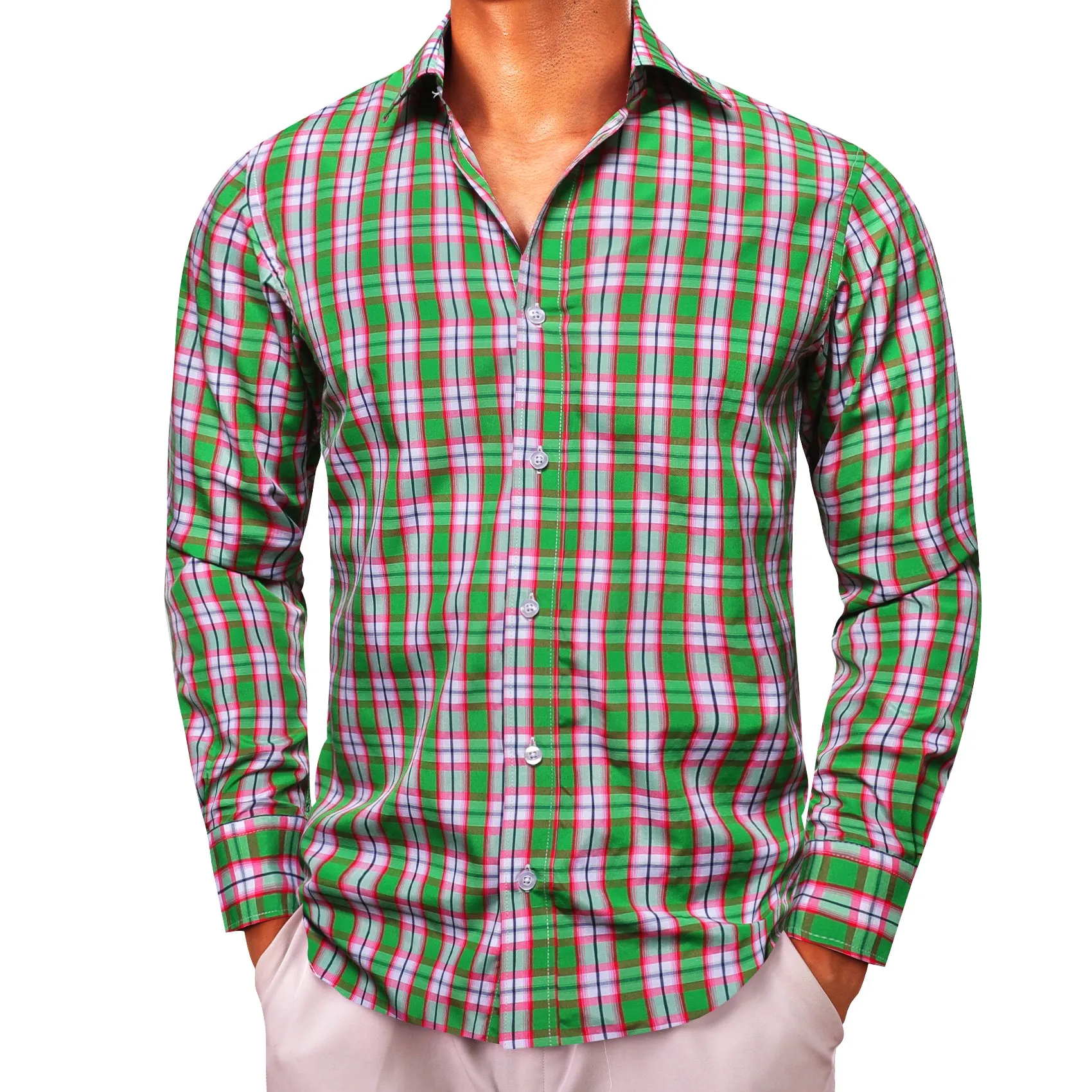 Green Pink Plaid Men's Long Sleeve Work Shirt