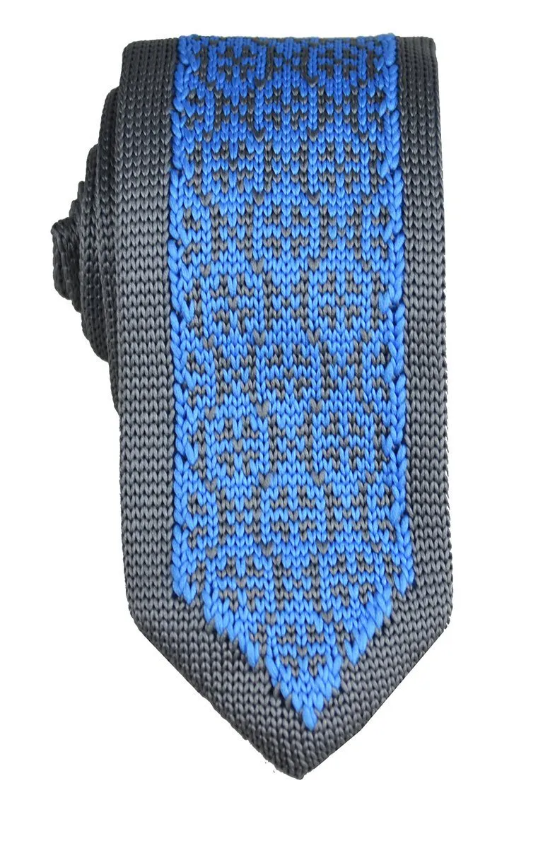 Grey and Blue Patterned Knit Tie by Paul Malone