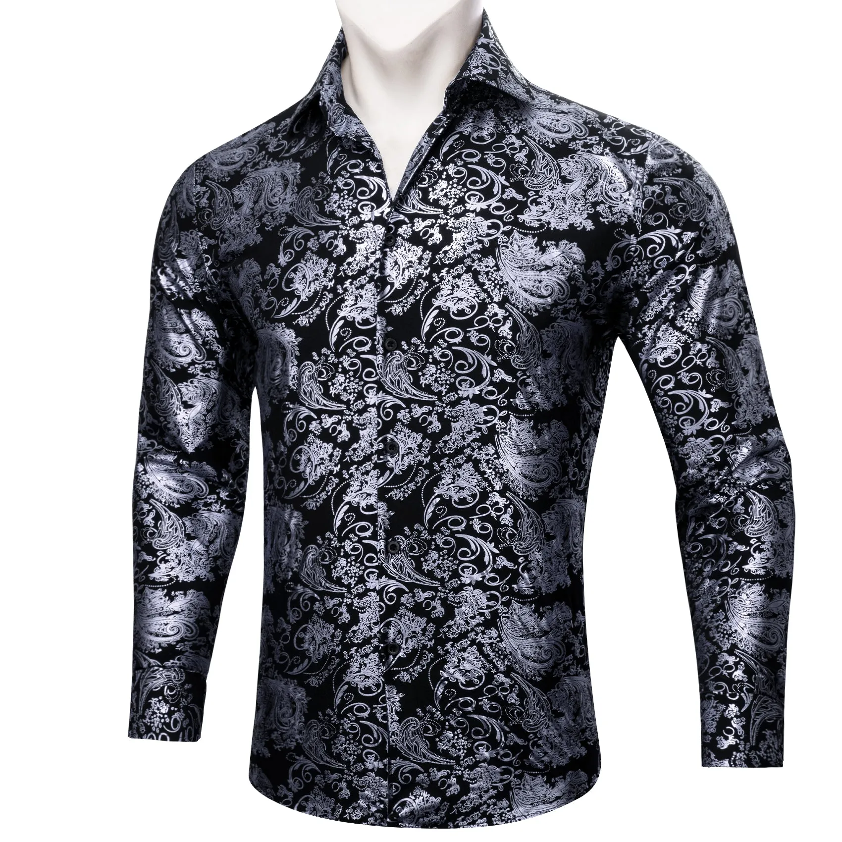 Grey Black Floral Paisley Silk Men's Long Sleeve Shirt