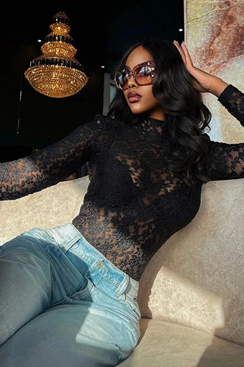 Lace See Through Long Sleeve Crop Top