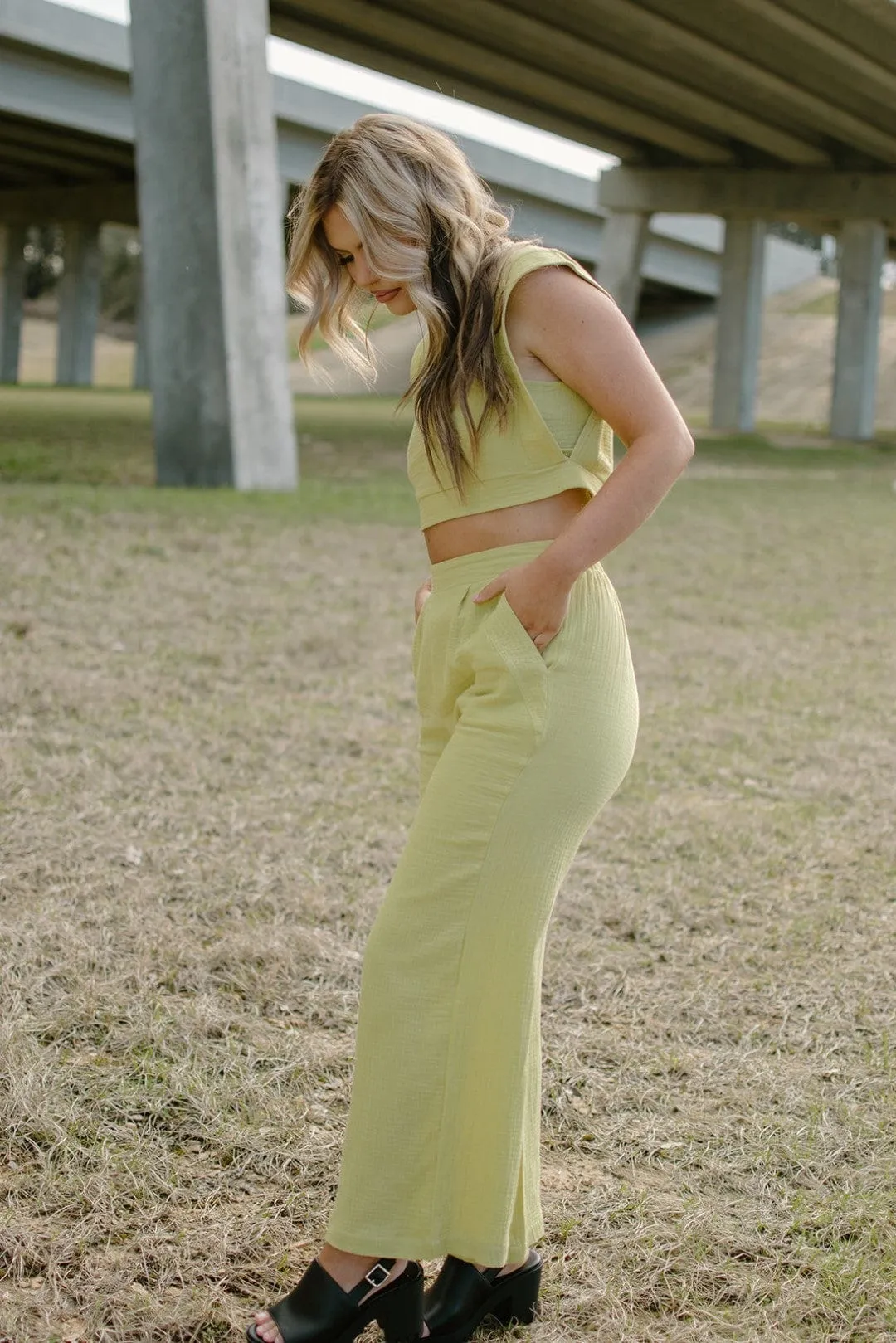 Lime Linen Set High Waist Pants