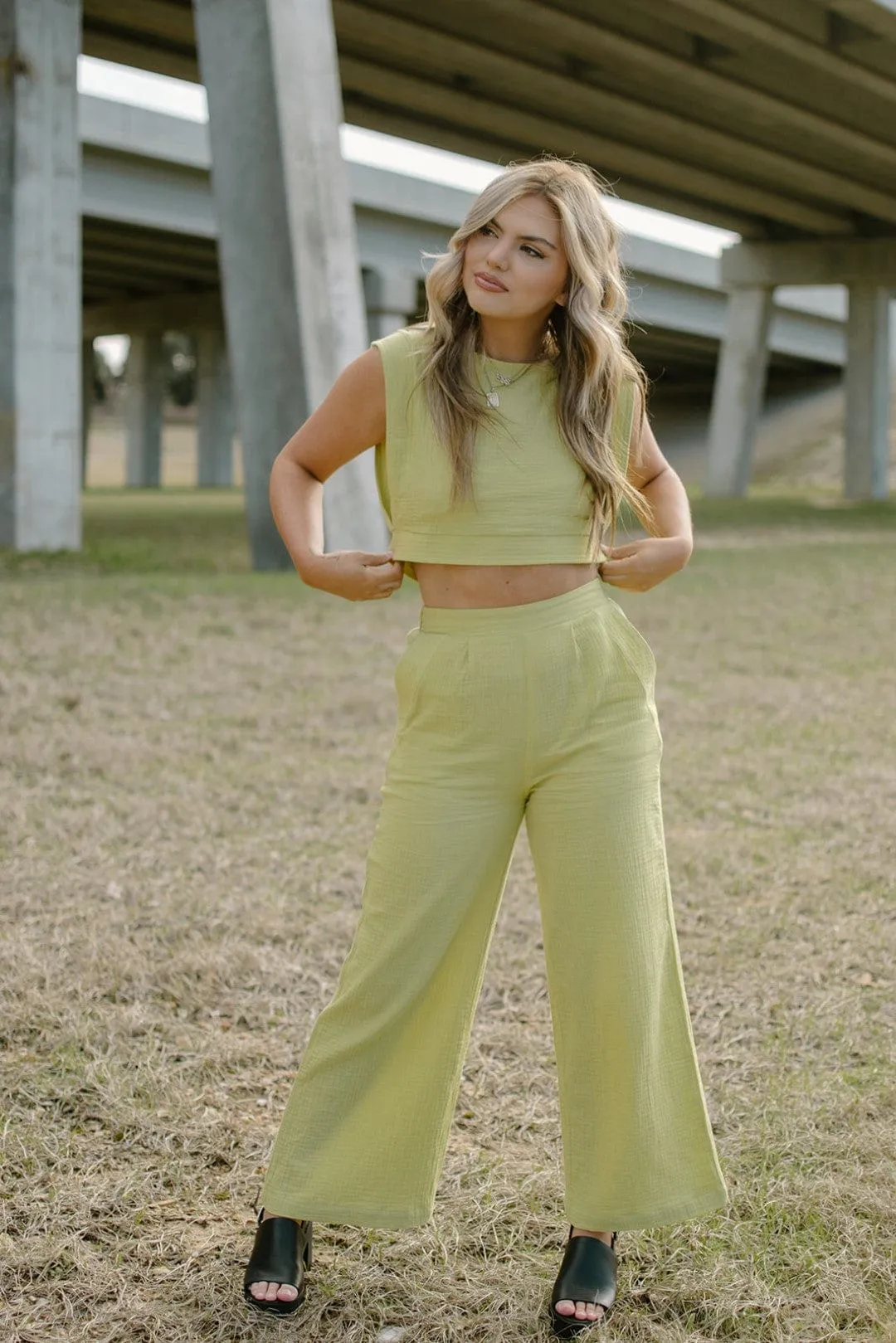 Lime Linen Set High Waist Pants