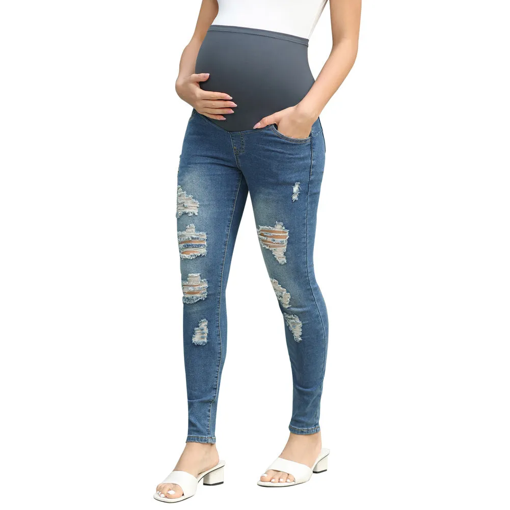 Maacie Women Maternity Scratched Jeans High Waist Whole Pregnancy Denim Pants