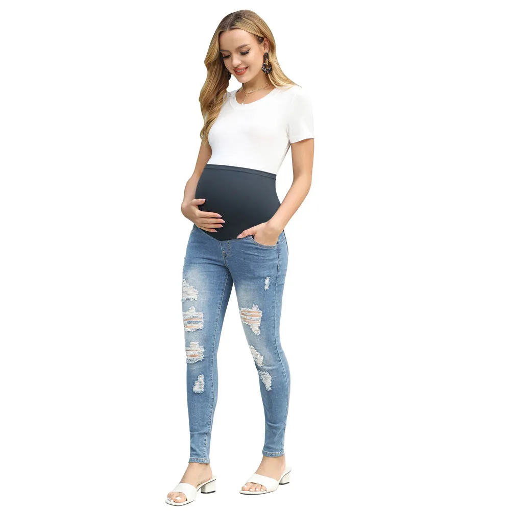 Maacie Women Maternity Scratched Jeans High Waist Whole Pregnancy Denim Pants