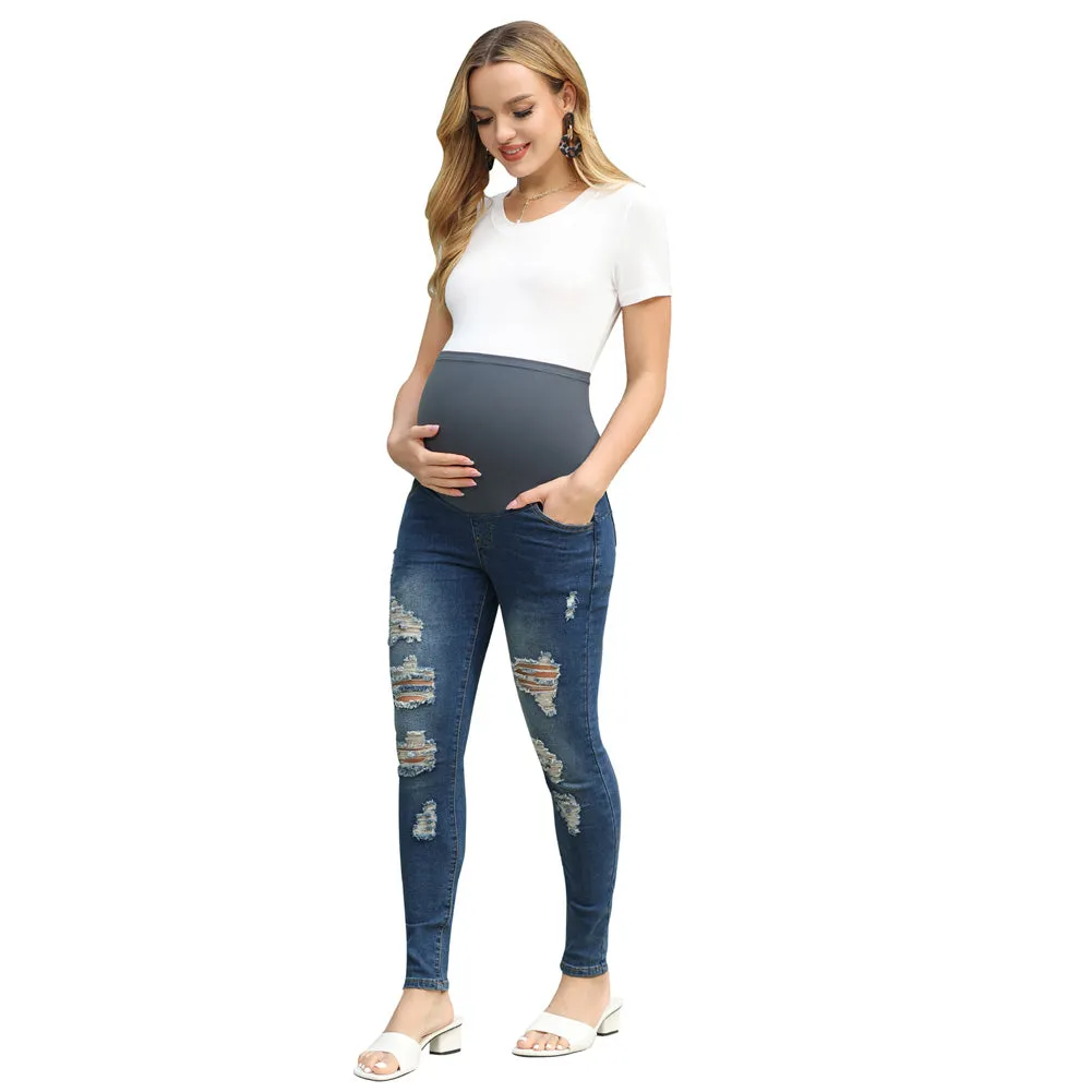 Maacie Women Maternity Scratched Jeans High Waist Whole Pregnancy Denim Pants