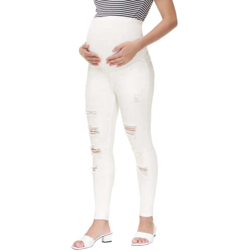 Maacie Women Maternity Scratched Jeans High Waist Whole Pregnancy Denim Pants