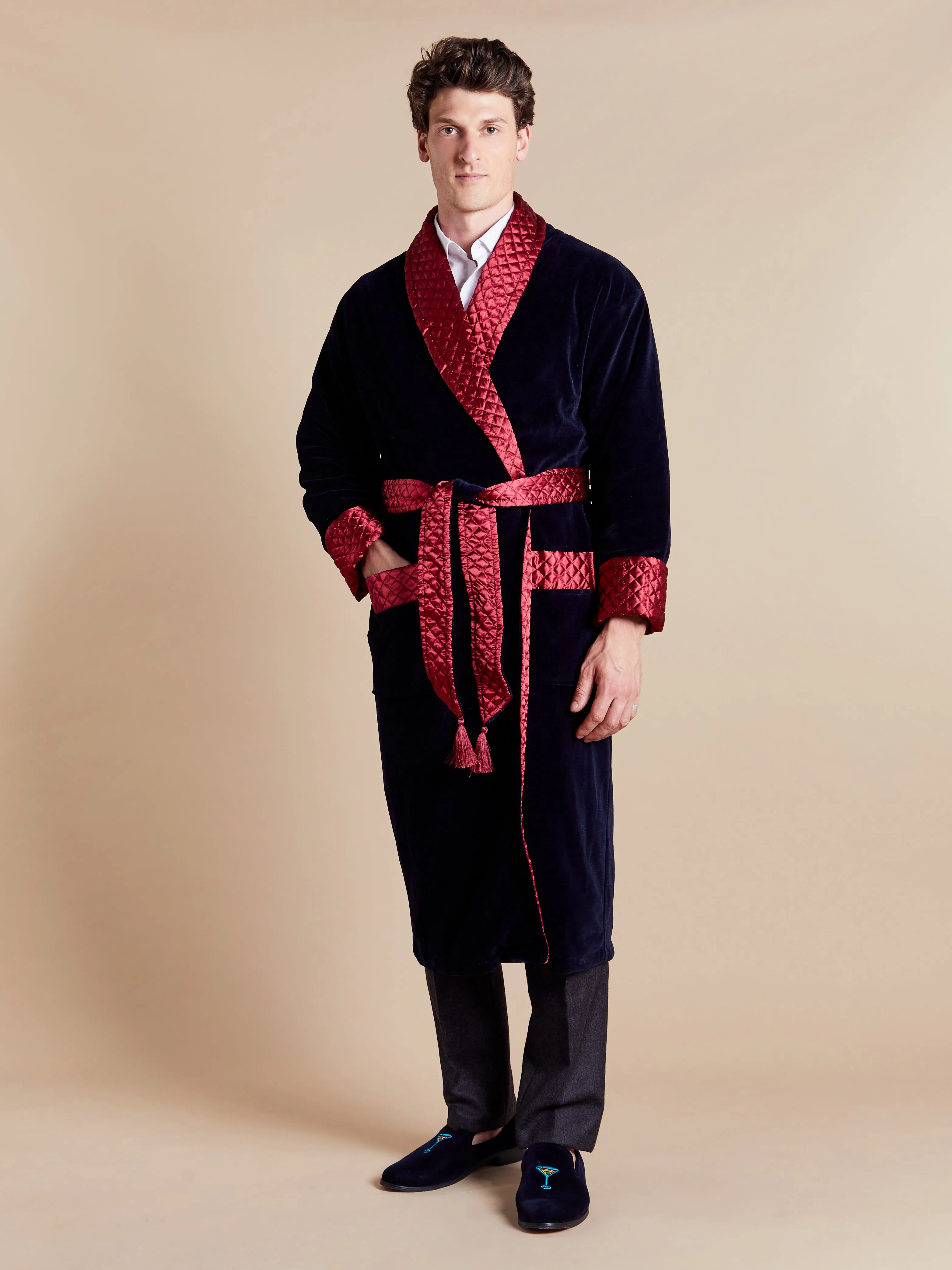 Mayfair Long Velvet Navy Smoking Jacket with Burgundy Piping