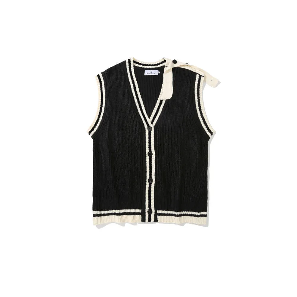 Men Sweater Vest BF Idle Style Color Stitching Knitted Cardigan Waistcoat Men's Loose V-neck Sleeveless Sweater Vest