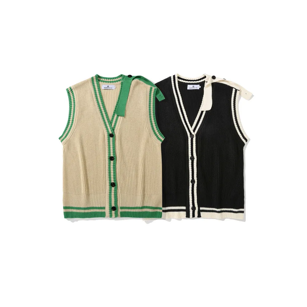 Men Sweater Vest BF Idle Style Color Stitching Knitted Cardigan Waistcoat Men's Loose V-neck Sleeveless Sweater Vest