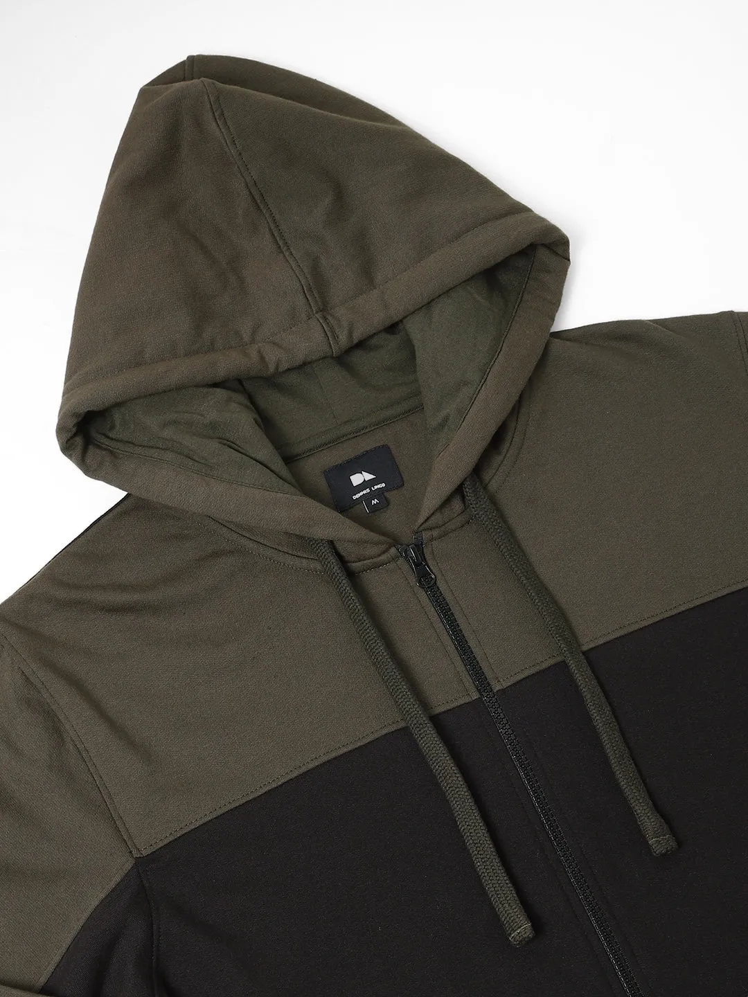 Men's Black Colorblock Front-Open Hooded Sweatshirt