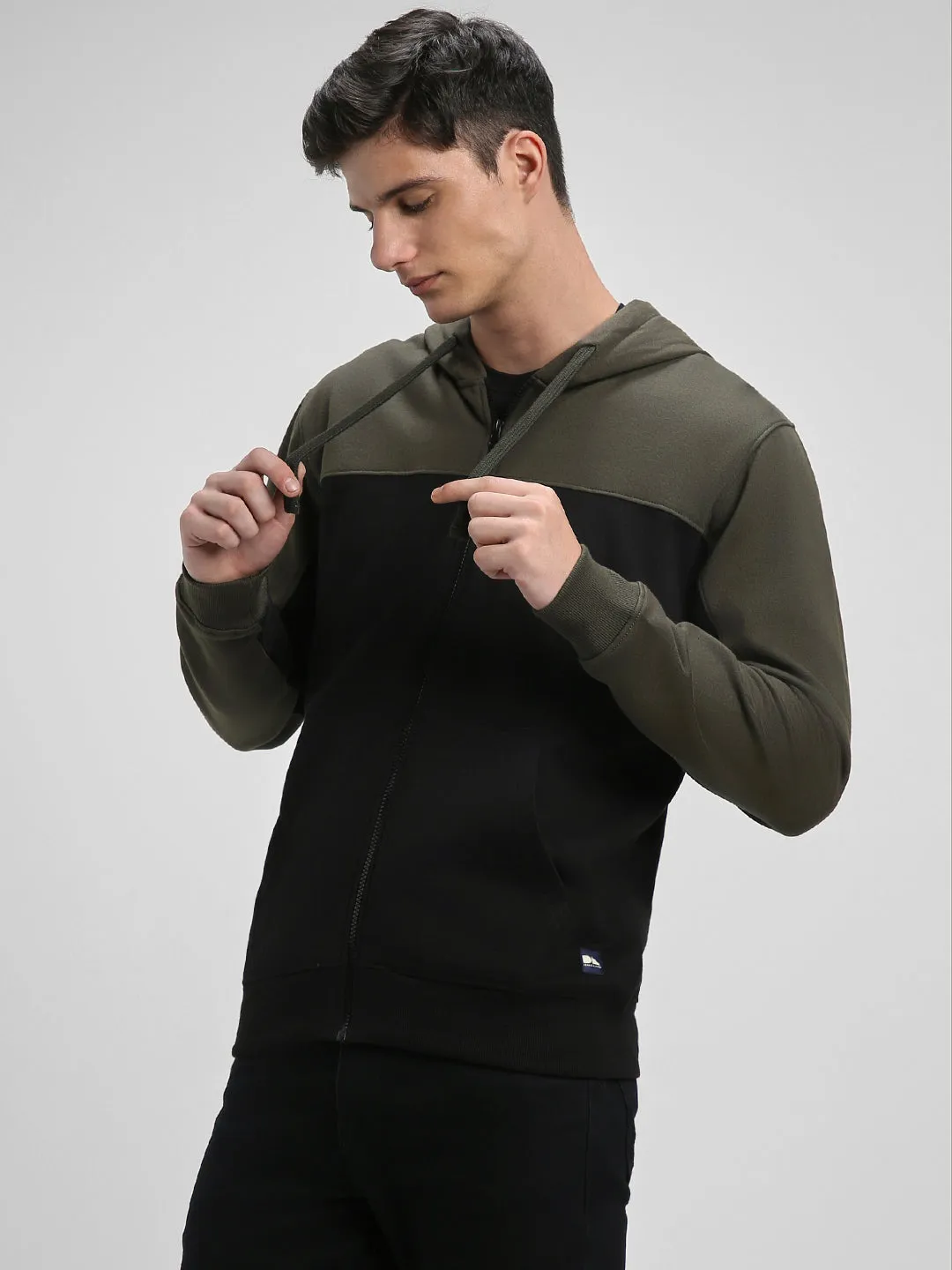 Men's Black Colorblock Front-Open Hooded Sweatshirt