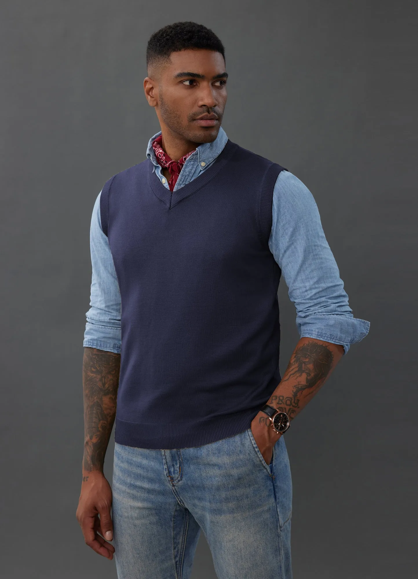 Mens V-Neck Knitted Sweater Vest Solid Plain Sleeveless Pullover Knitwear