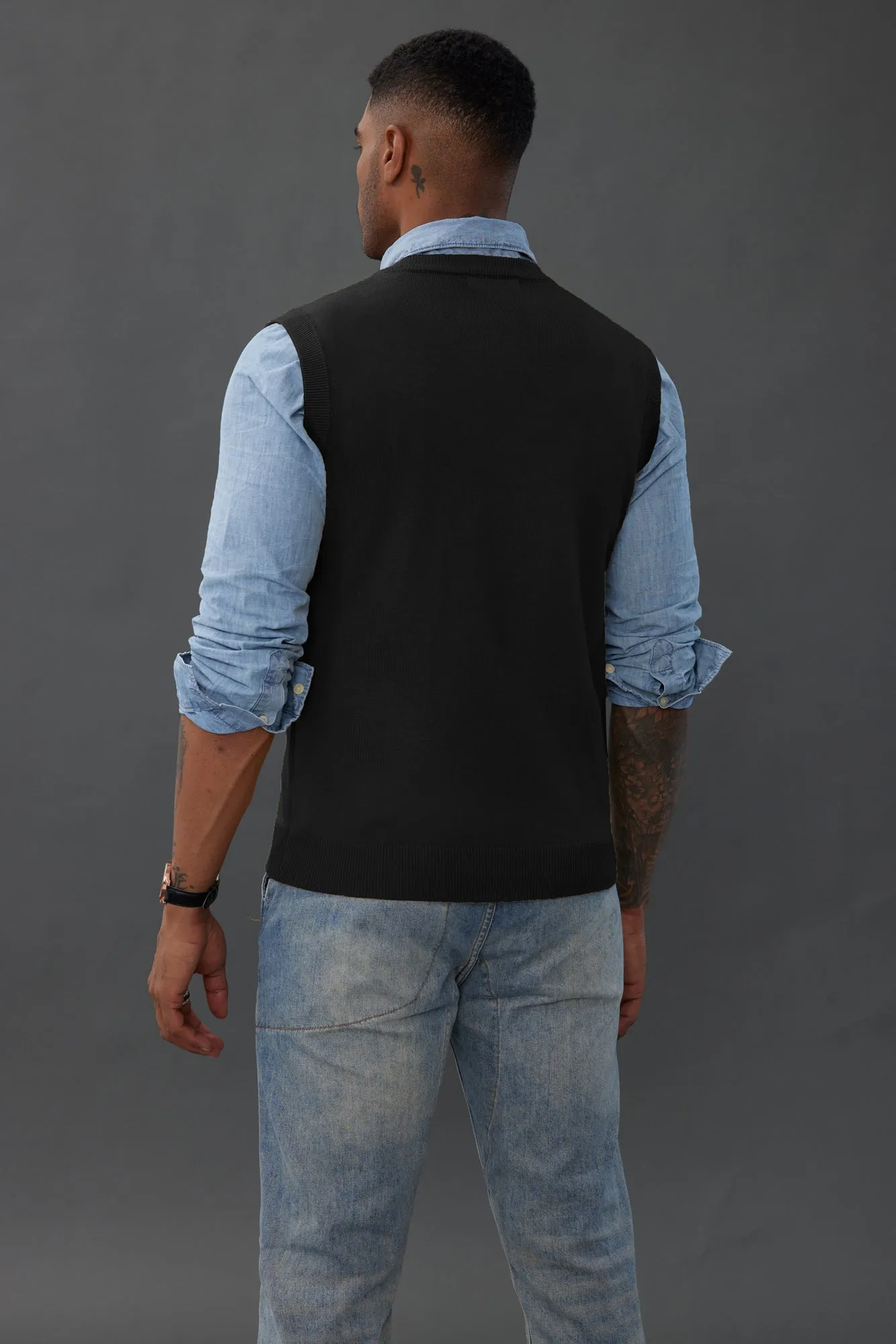 Mens V-Neck Knitted Sweater Vest Solid Plain Sleeveless Pullover Knitwear