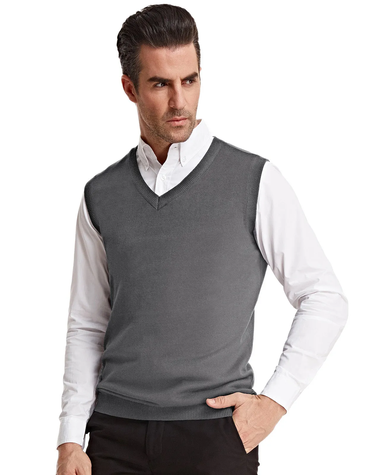 Mens V-Neck Knitted Sweater Vest Solid Plain Sleeveless Pullover Knitwear