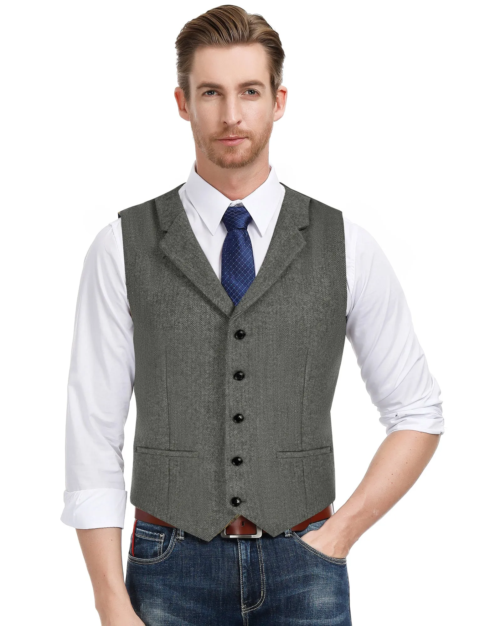 Mens Western Herringbone Suit Vest Tweed Wool Blend Slim Fit Waistcoat