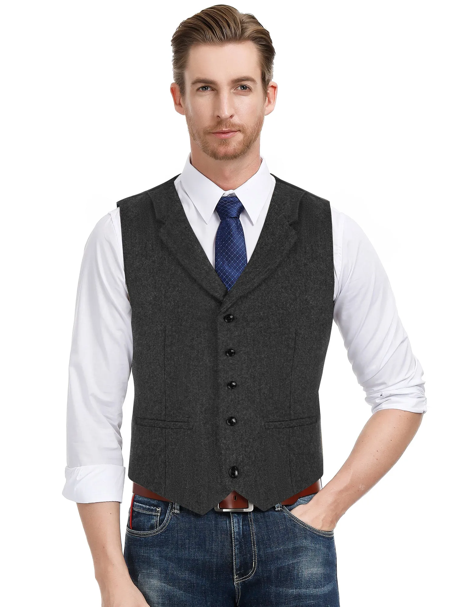 Mens Western Herringbone Suit Vest Tweed Wool Blend Slim Fit Waistcoat