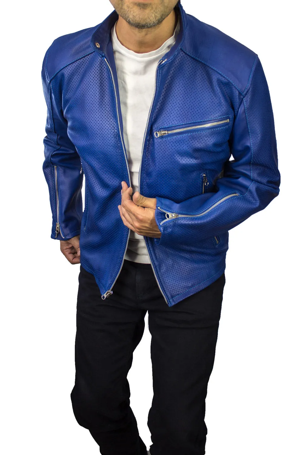 MOTOP Leather Jacket  - Blue Perforated -