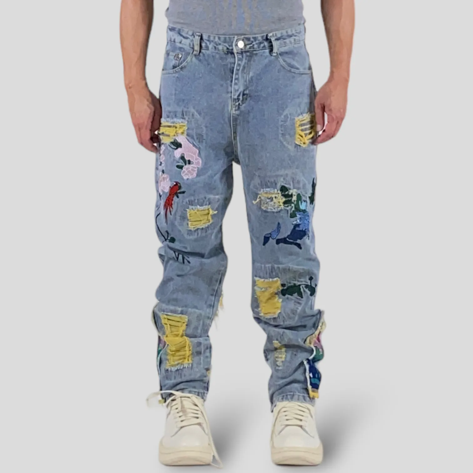 Multi-color embroidered baggy jean