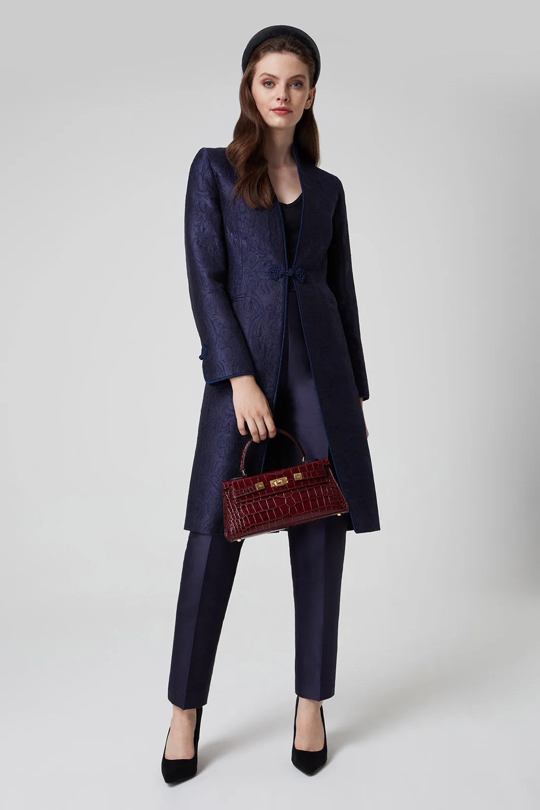 Navy Dress Coat in Winter Brocade with Cord Trim and Frogging - Vicky