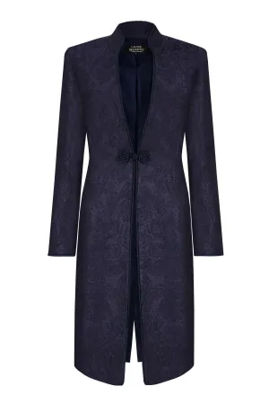 Navy Dress Coat in Winter Brocade with Cord Trim and Frogging - Vicky