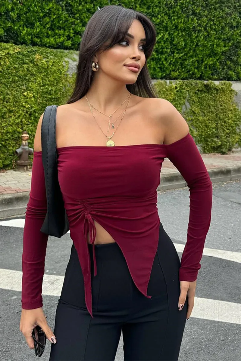 Off Shoulder Long Sleeve Drawstring Ruched Top