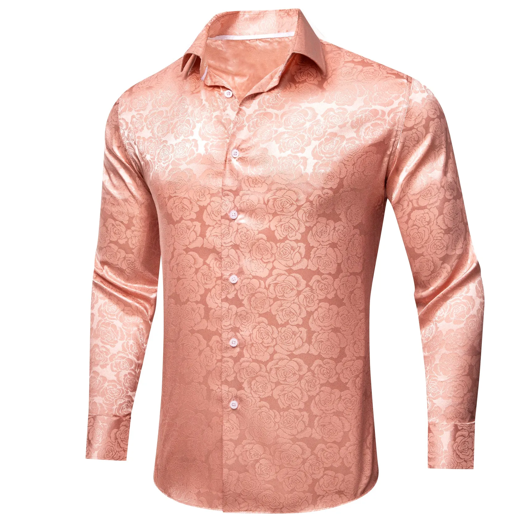 Pale Orange Floral Rose Silk Men's Long Sleeve Shirt