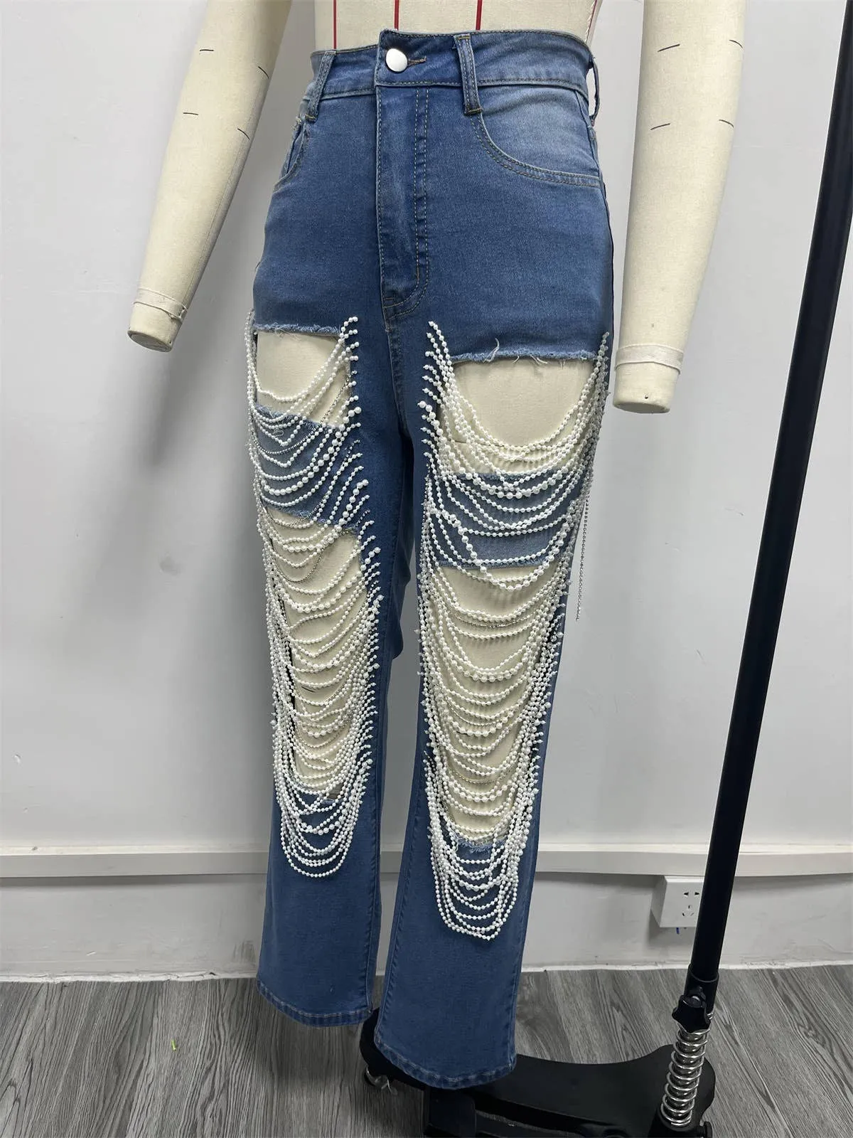 Pearl & Rhinestone Chain Ripped Cut Out Jeans