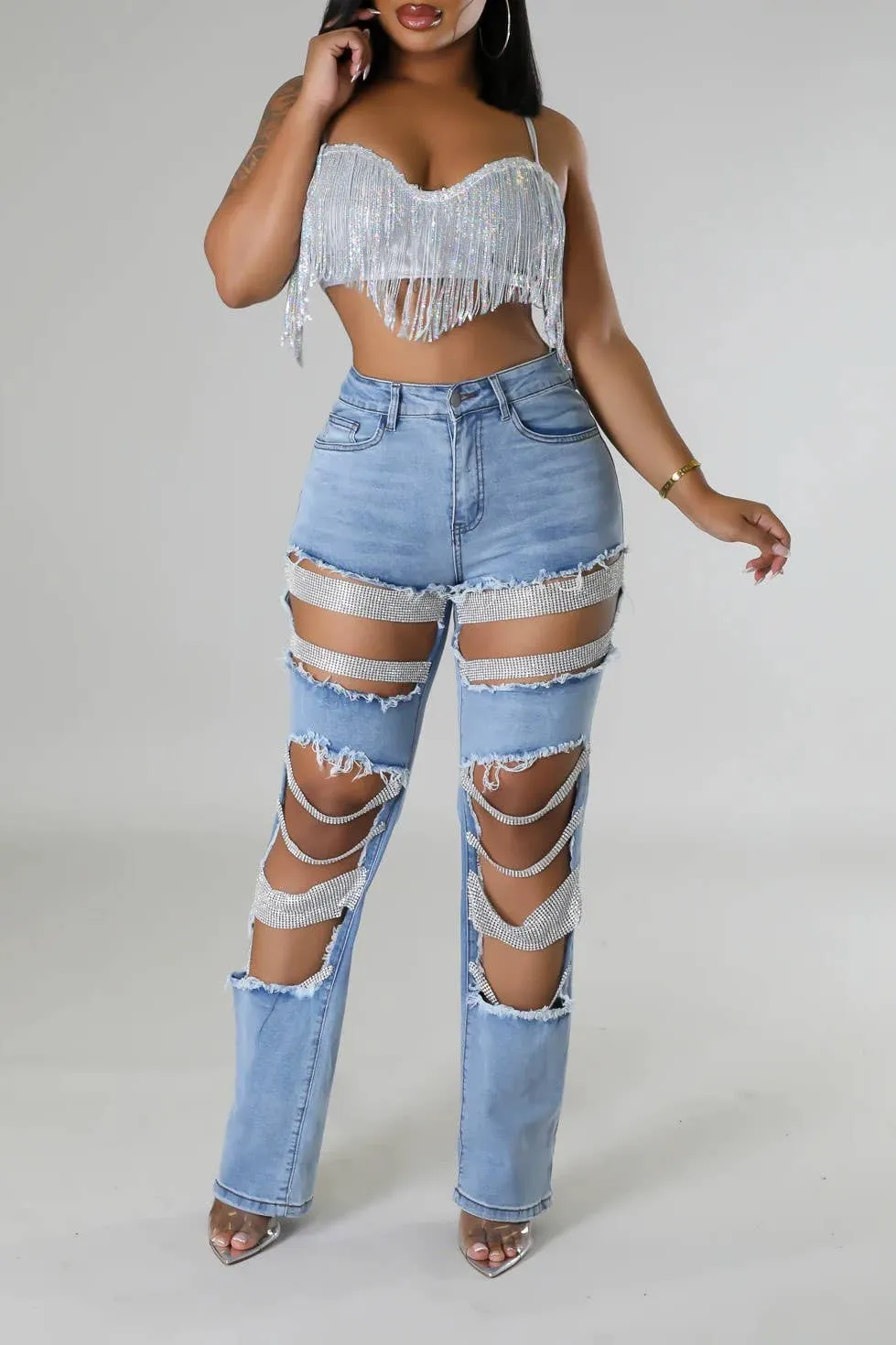 Pearl & Rhinestone Chain Ripped Cut Out Jeans