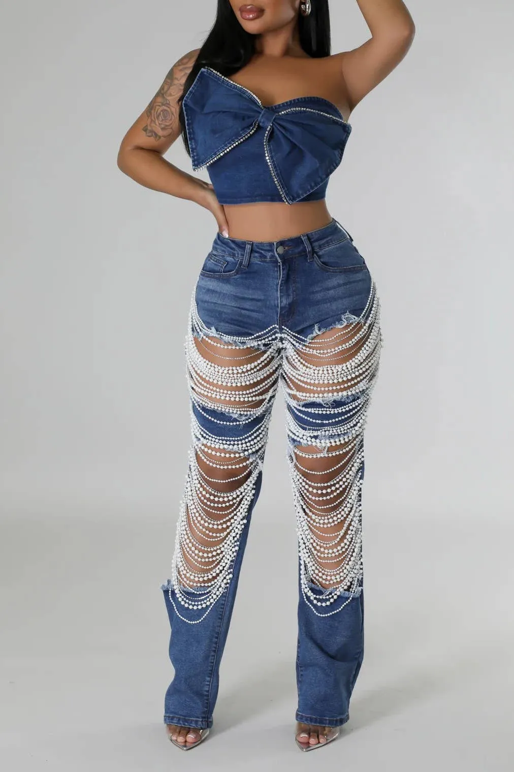 Pearl & Rhinestone Chain Ripped Cut Out Jeans