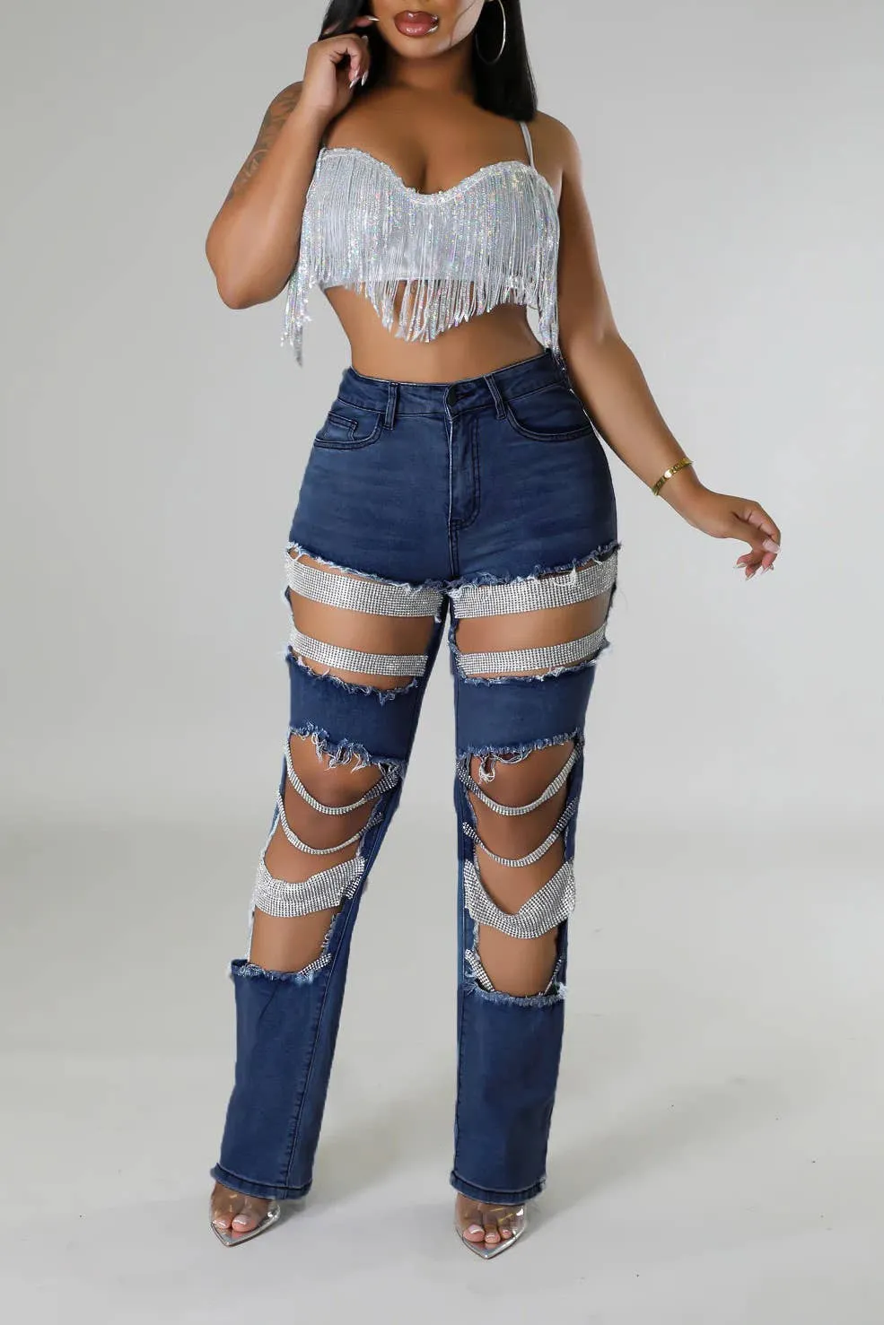 Pearl & Rhinestone Chain Ripped Cut Out Jeans