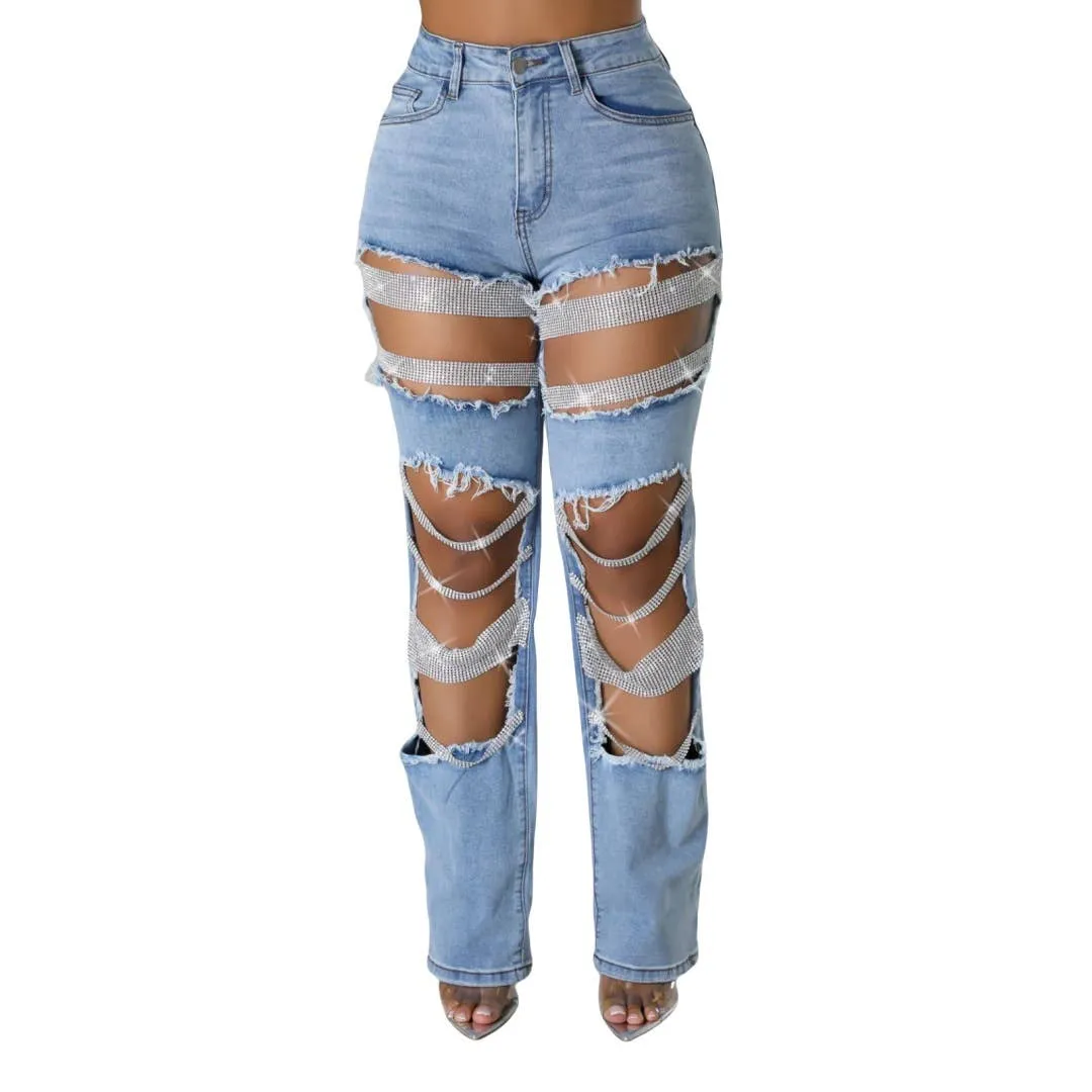 Pearl & Rhinestone Chain Ripped Cut Out Jeans