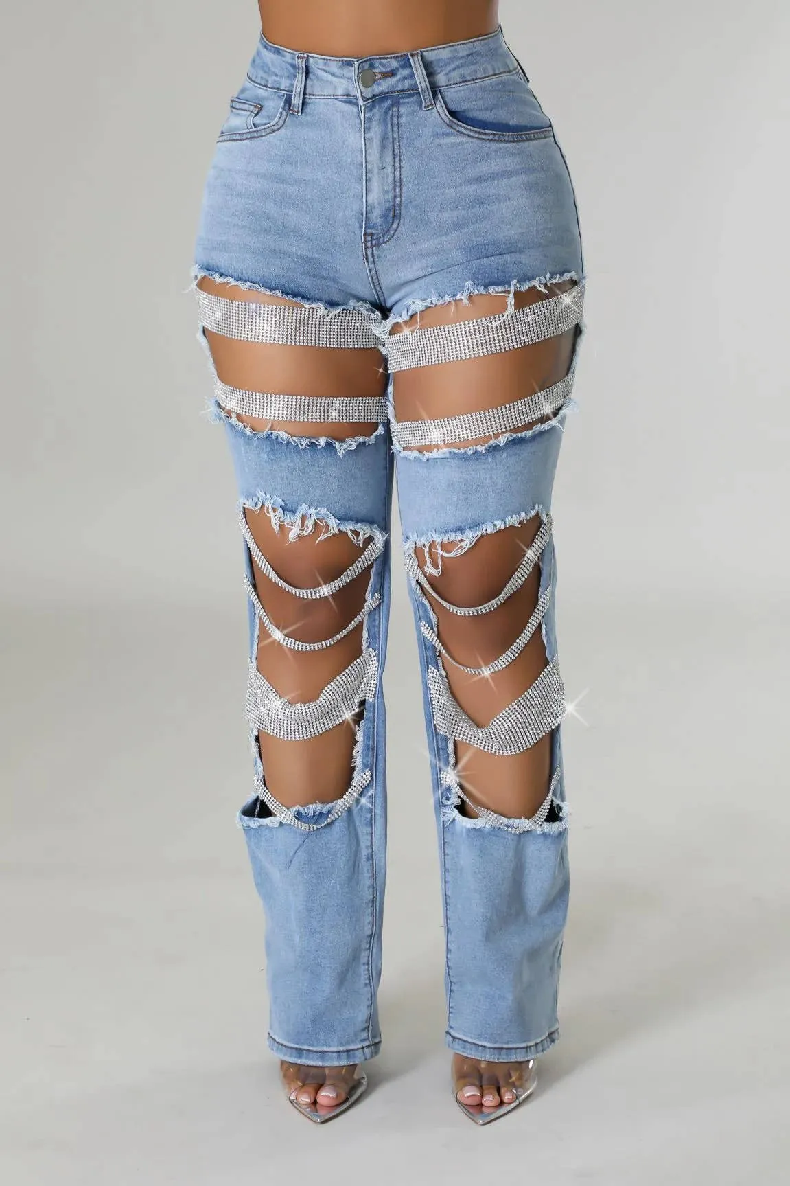 Pearl & Rhinestone Chain Ripped Cut Out Jeans