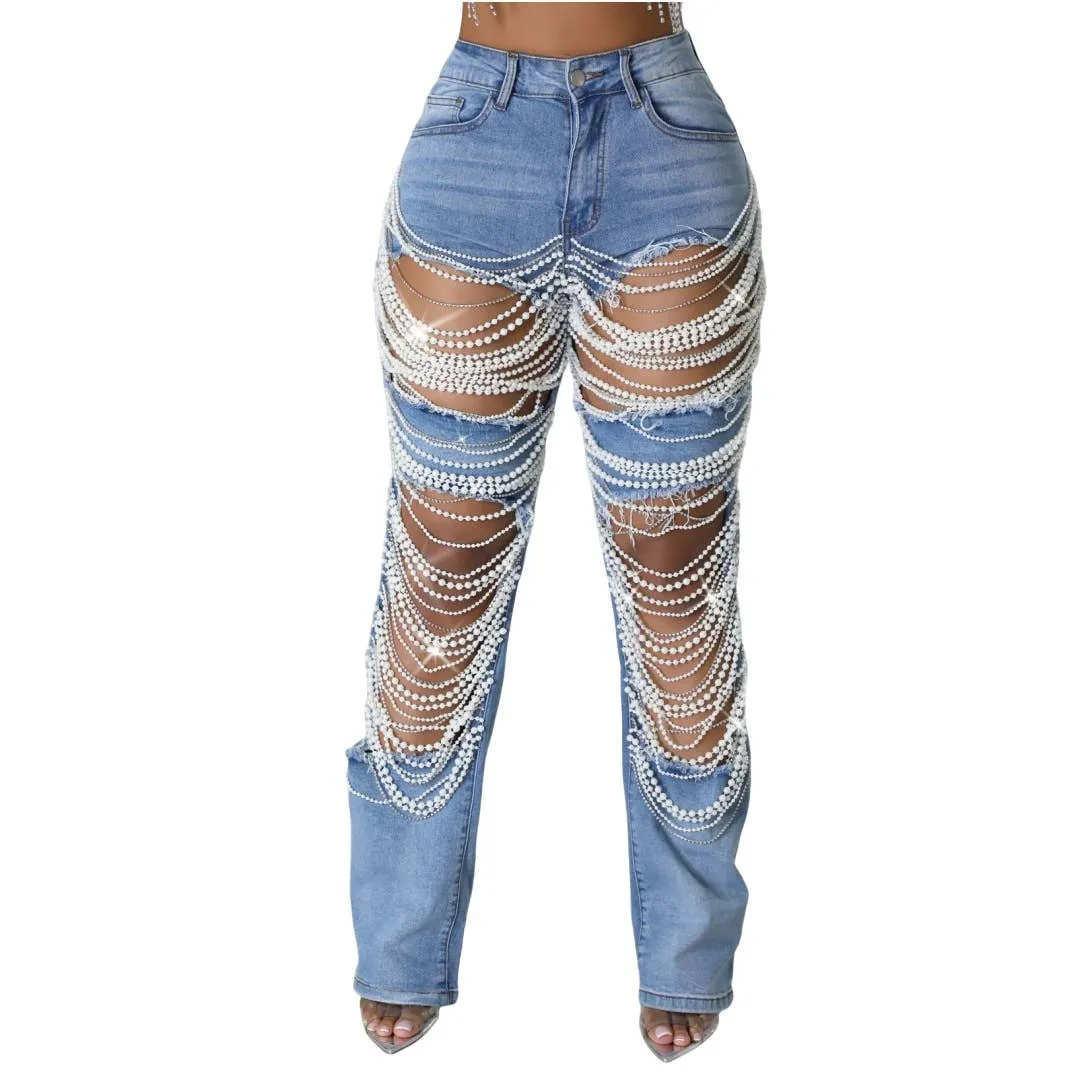 Pearl & Rhinestone Chain Ripped Cut Out Jeans