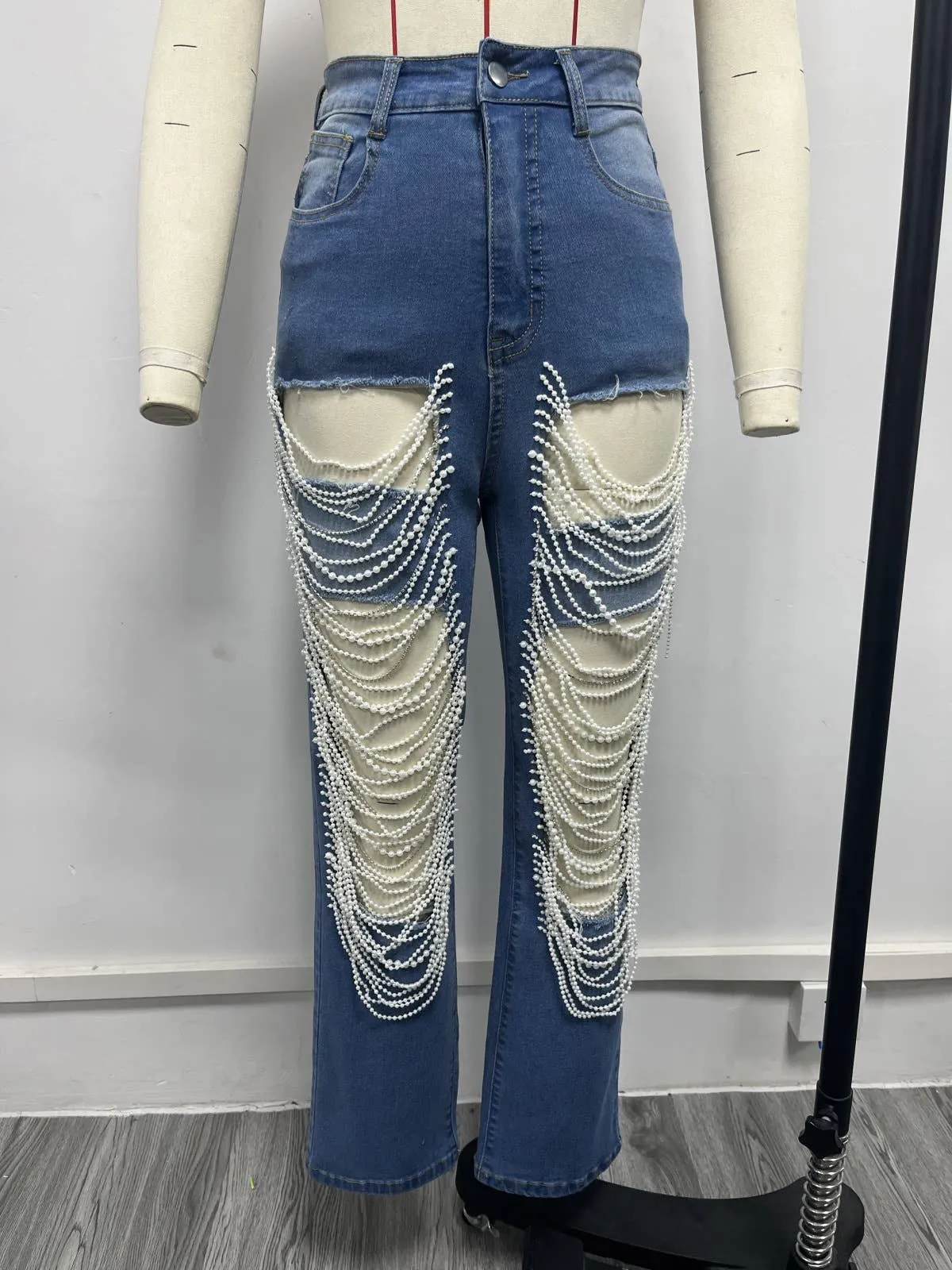 Pearl & Rhinestone Chain Ripped Cut Out Jeans