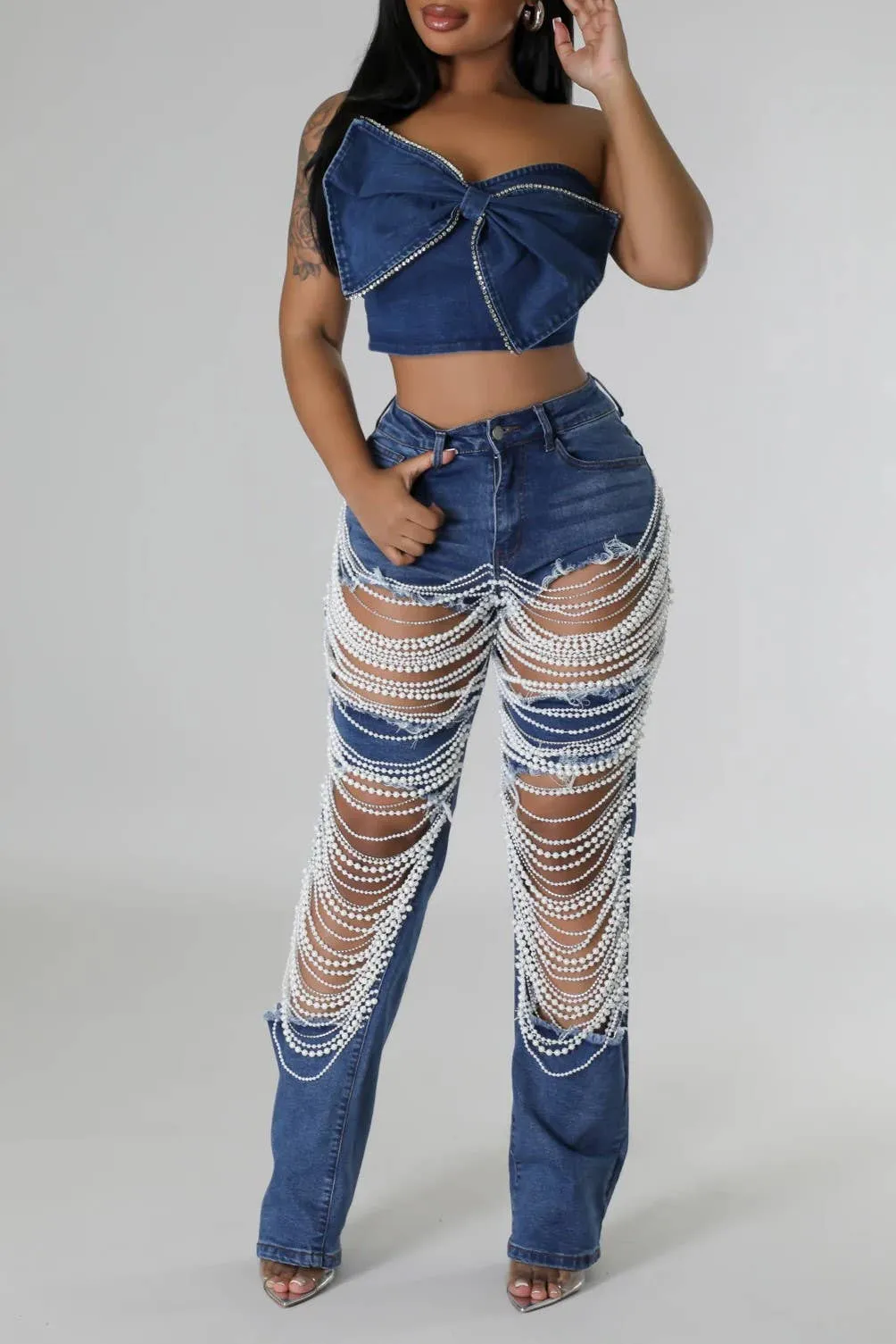 Pearl & Rhinestone Chain Ripped Cut Out Jeans